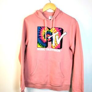 MTV Music Television Graphic Pink Sweatshirt Hoodie Tye Dye Kangaroo Pocket M